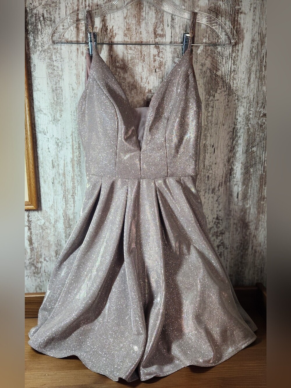 B Darlin Sparkling Taupe Mini Dress with V-Neck & Pleated Skirt Size 0 Like New